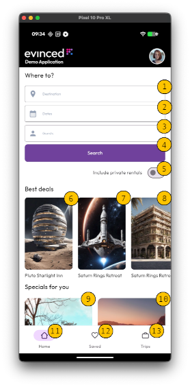 An example application with keyboard focus sequence. Only the elements with interactions are focusable, text and images alone are not focusable.