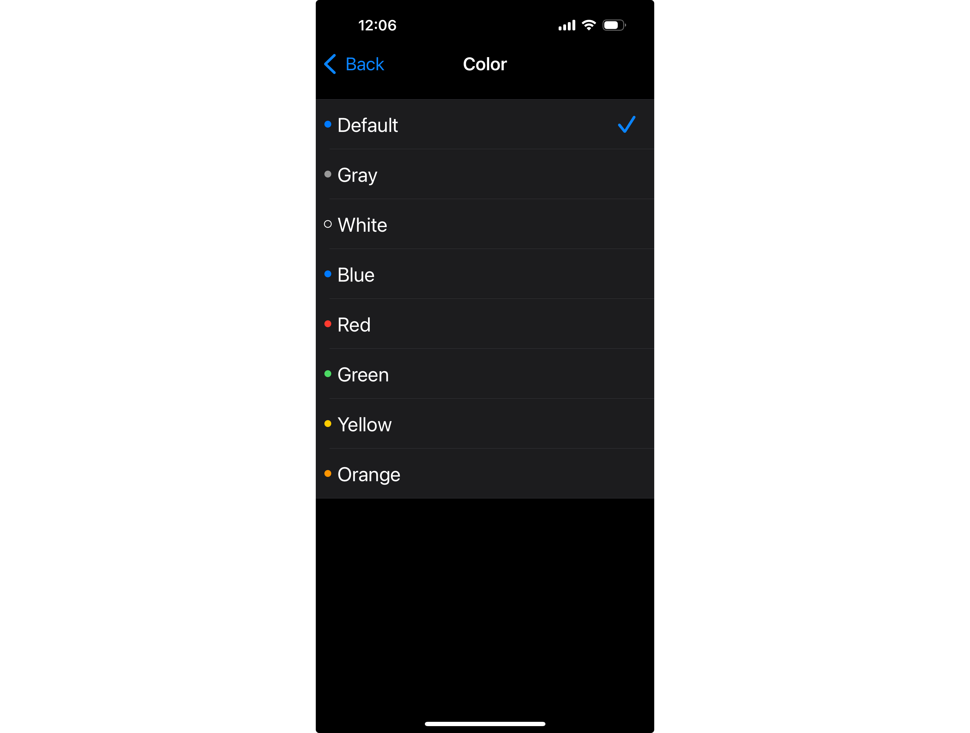 iOS "Focus Indicator Color" settings screen with "Default" selected for the focus indicator. Other options are Gray, White, Blue, Red, Green, Yellow, and Orange.