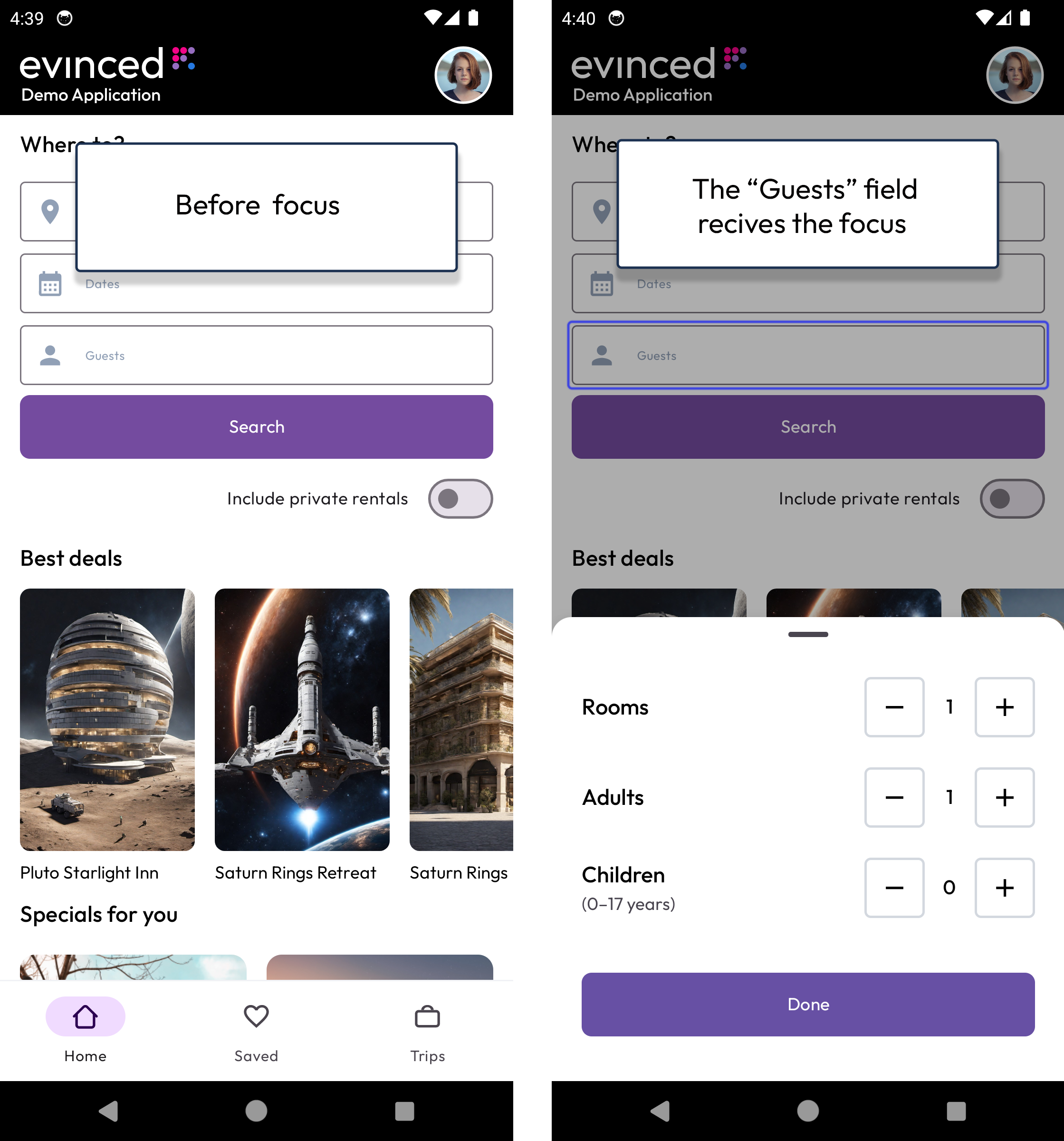 Two screenshots of a fictitious travel app that allows booking flights to space. The first screen shows the page before the "Guests" fields is in focus, the second screen shows the "Guests" field in focus and a modal open over the screen. Users can add the number of guests from within the modal.