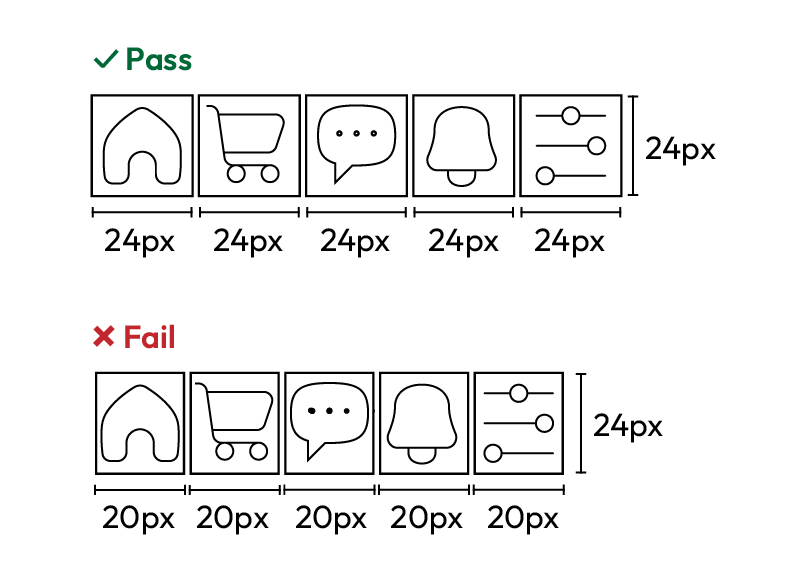 There are two rows of buttons. The buttons in the top row are 24 by 24 pixels in size and therefore meet the requirement. The buttons in the second row are 20 by 20 pixels in size and do not.