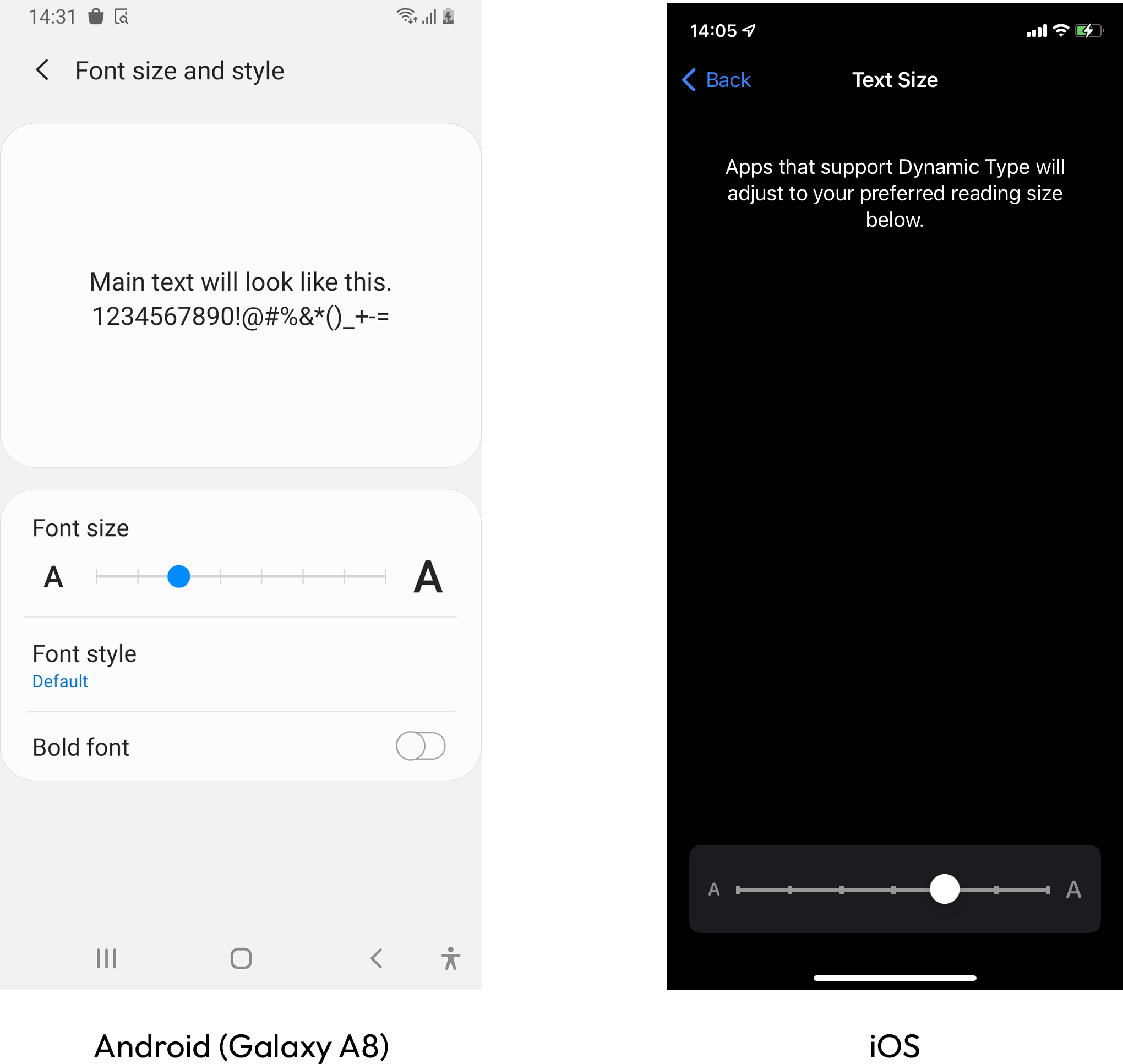 Text resizing screens of Android (Galaxy A8), and iOS